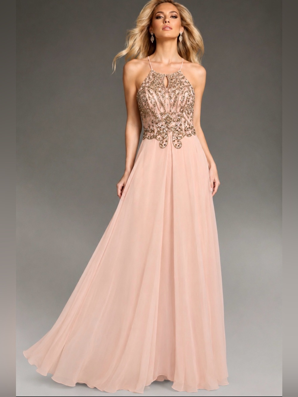 Camille La Vie Blush Pink Beaded Bodice Halter‎ Gown with Chiffon Skirt Size 2